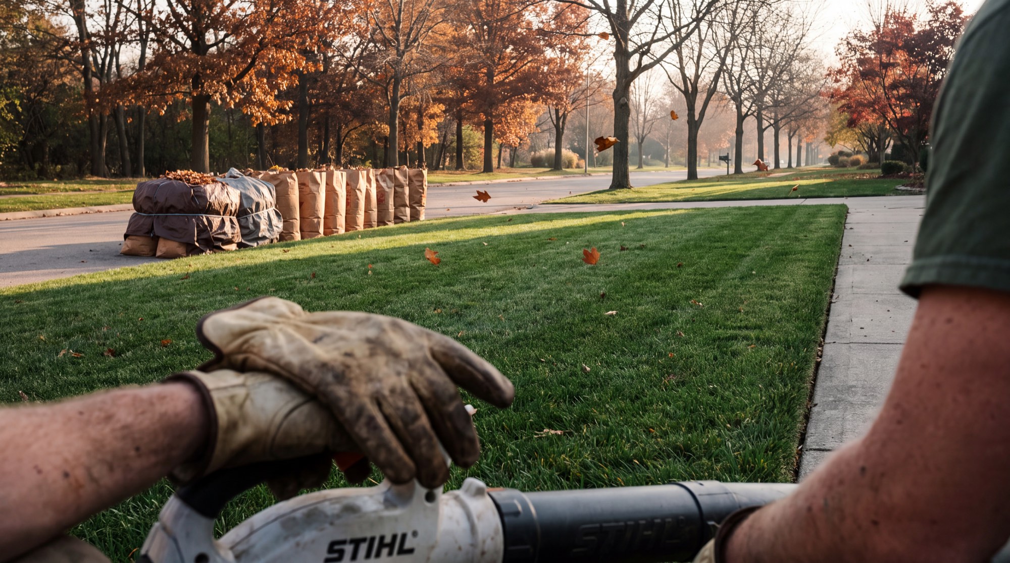 Leaf bags at the curb beside a freshly cleared lawn, seen from behind a leaf blower